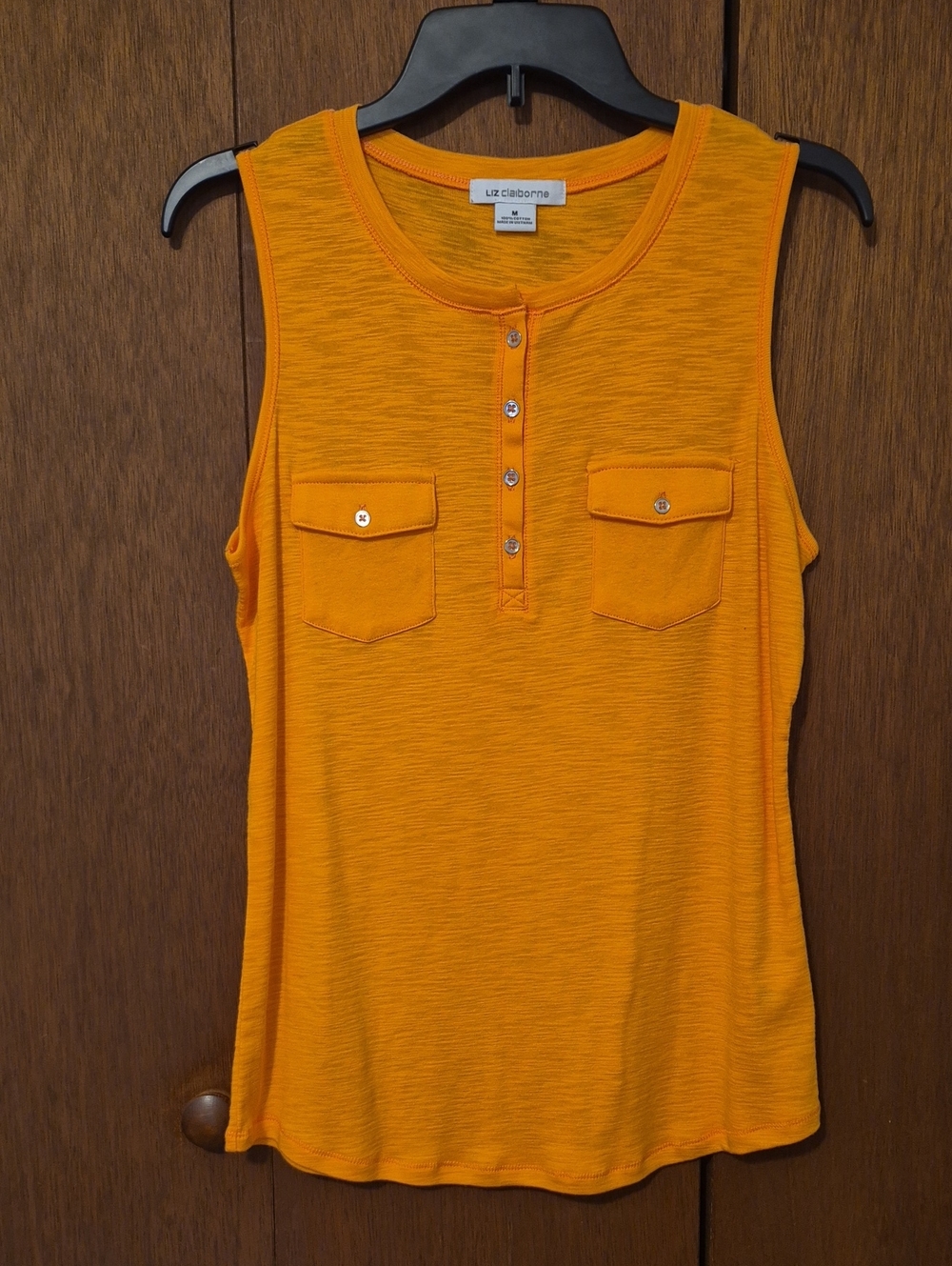 Liz Claiborne Orange Sleeveless Henley Tank with Chest Pockets SZ M